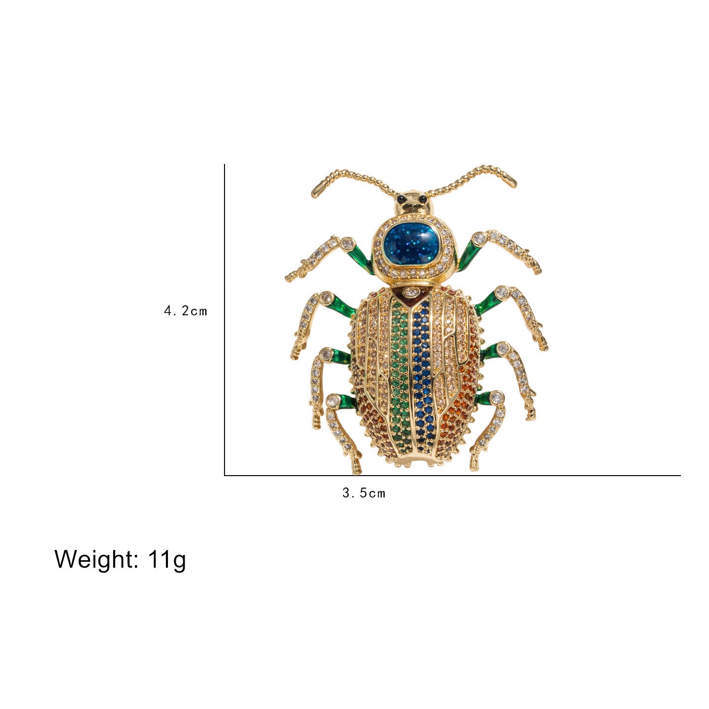 Gold beetle-shaped brooch with a blue oval center stone, green and blue striped elytra, and gold rhinestone legs, shown with dimension lines indicating 4.2cm height and 3.5cm width.