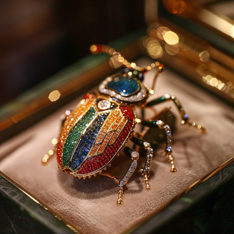 Jeweled beetle brooch with multicolored gemstones on a reflective surface