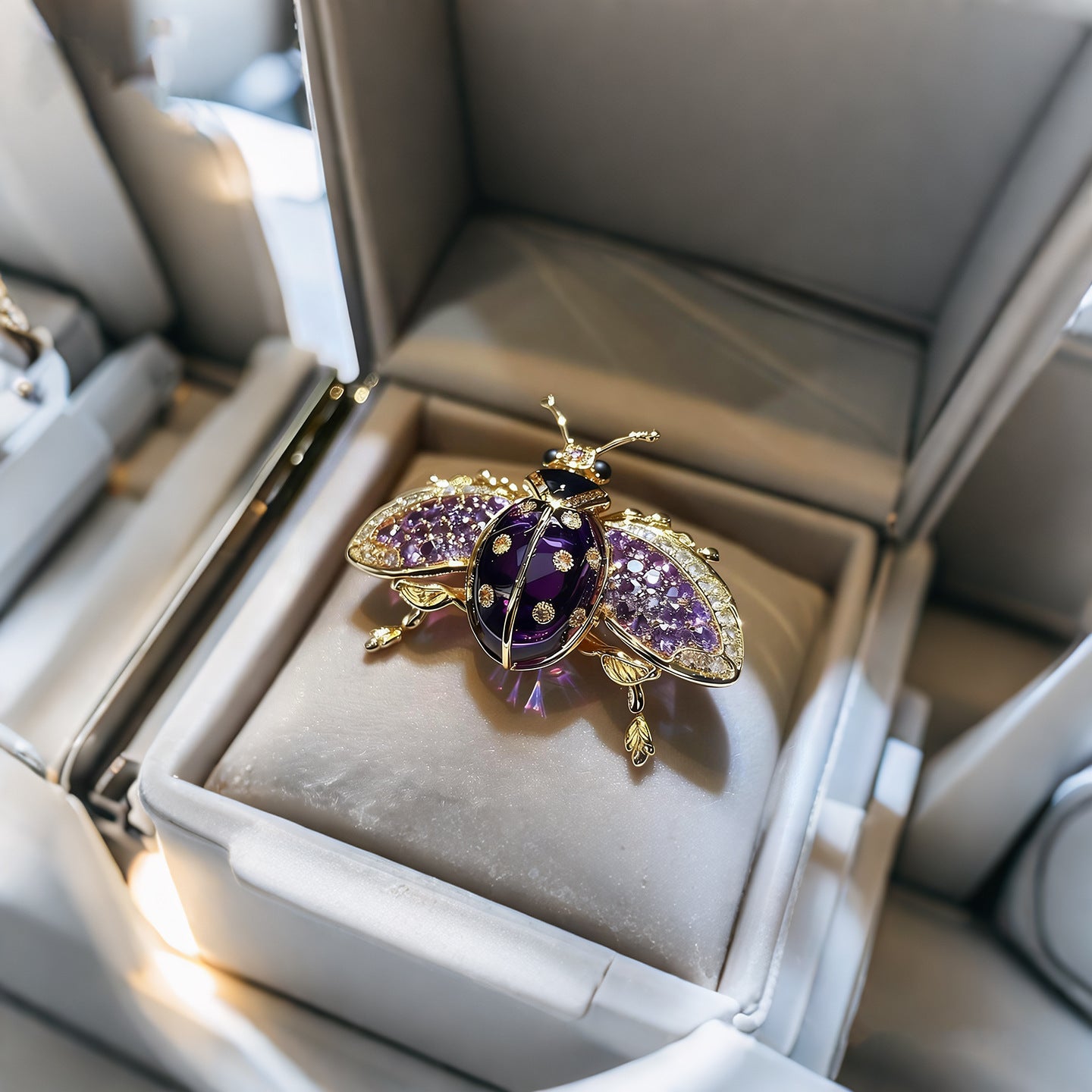 Gold and purple insect-shaped brooch in a jewelry box
