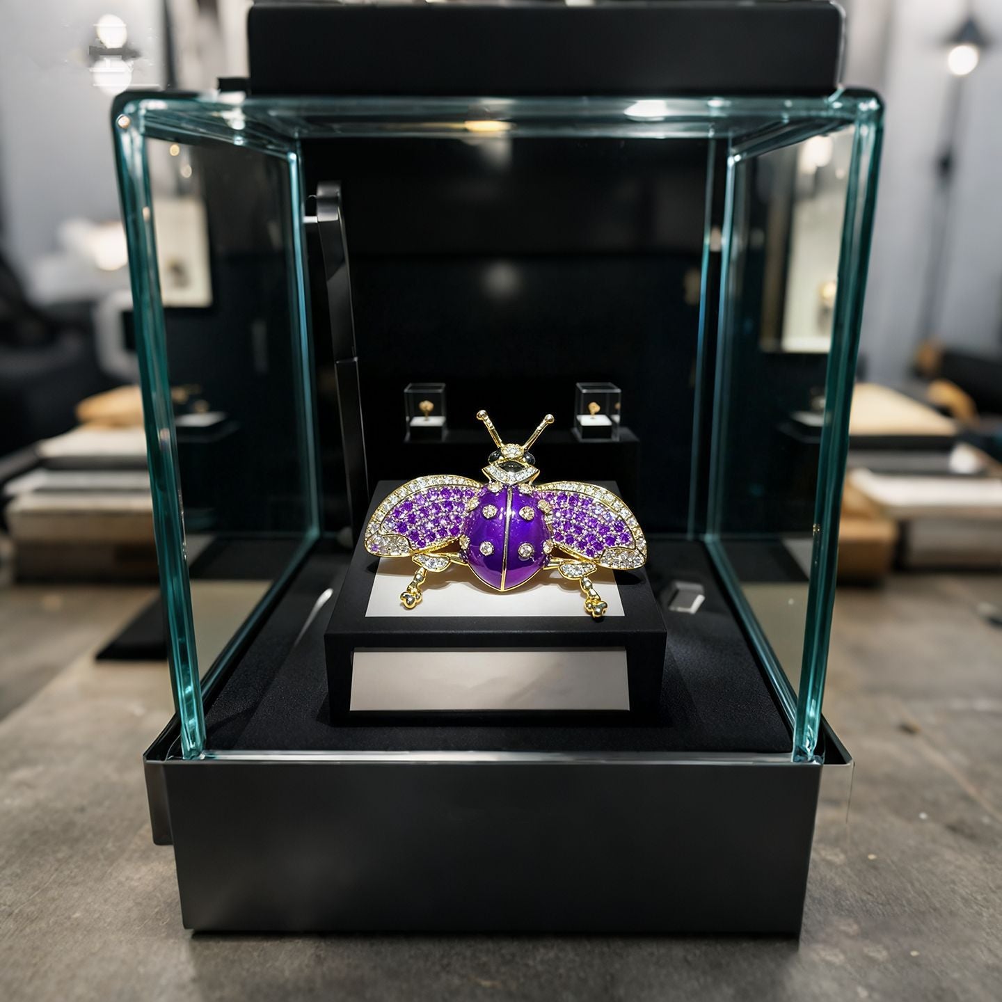 Decorative butterfly figurine with purple wings on a black base inside a glass display case.