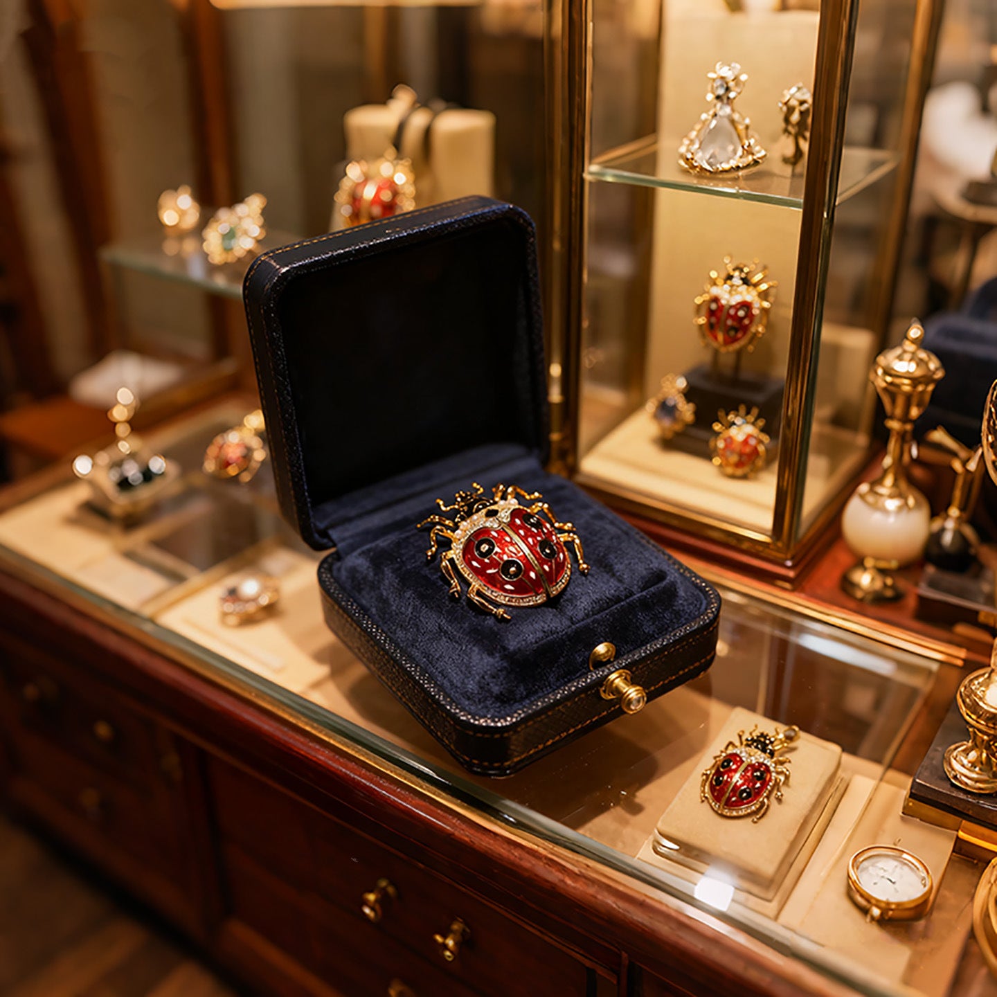 Jewelry display with a brooch in an open jewelry box on a glass counter.