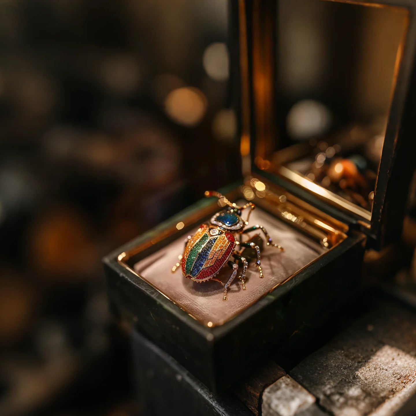 Colorful beetle figurine on a brown cushion inside an open jewelry box with a blurred background
