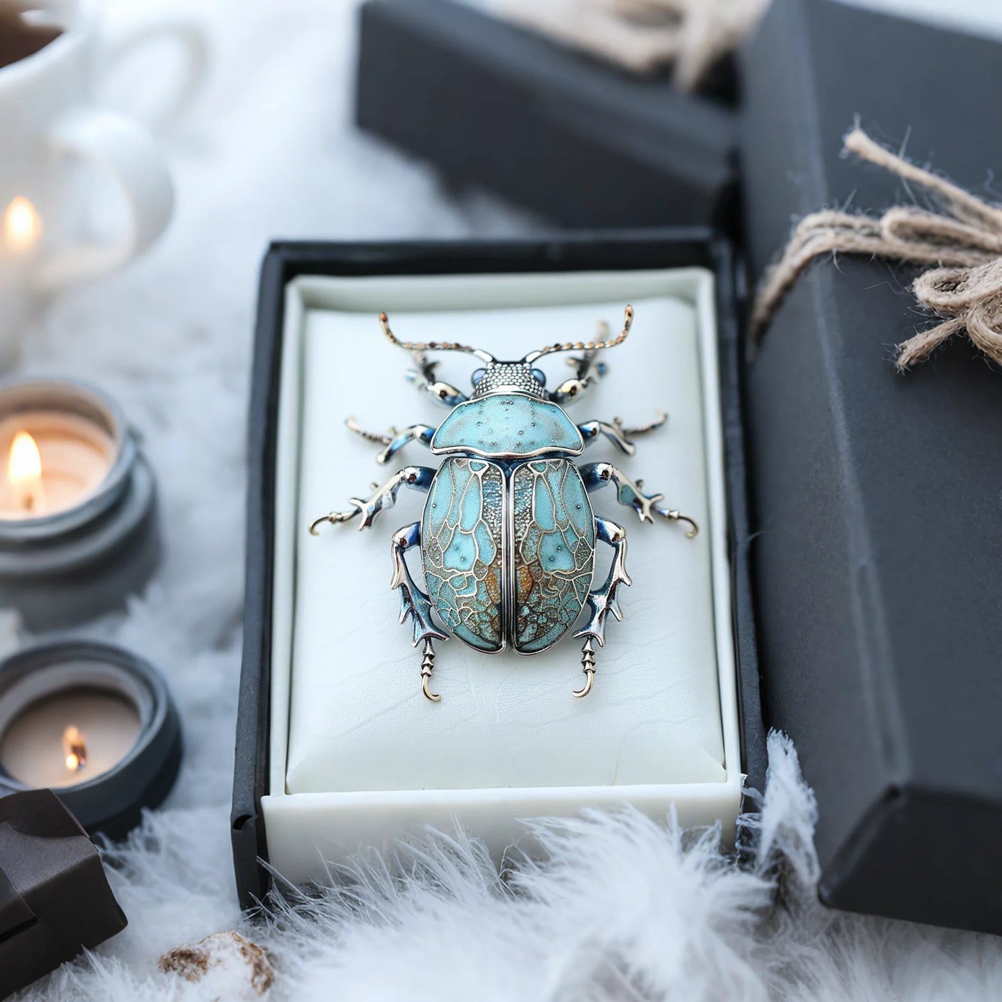 Decorative beetle ornament in a box with candles and feathers around
