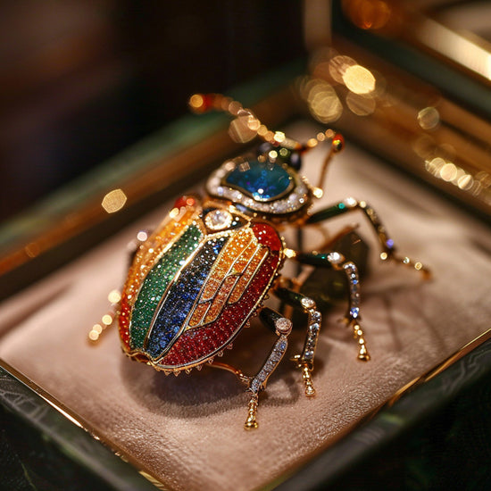 Jeweled beetle brooch with multicolored gemstones on a reflective 
